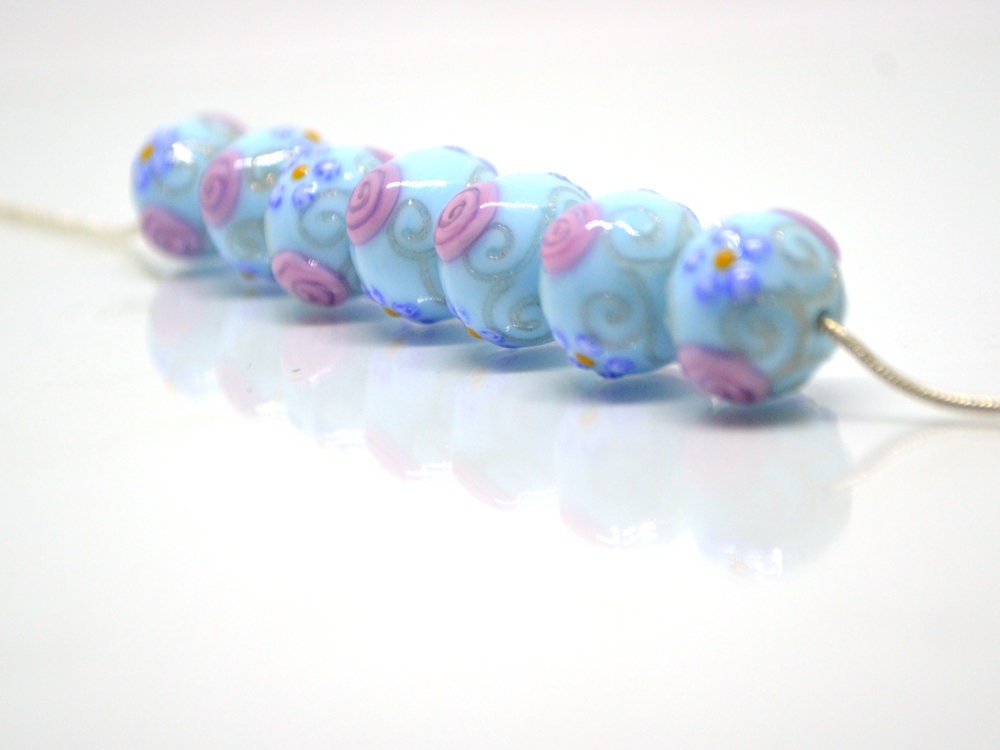 Venetian glass beads - Sky blue handmade beads with pink flowers and gold swirl, Artisan Lampwork Vintage glass bead Rondelle Jewelry making