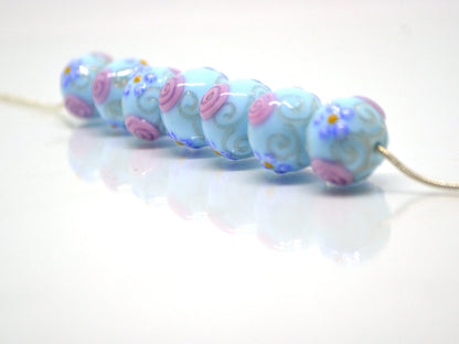 Venetian glass beads - Sky blue handmade beads with pink flowers and gold swirl, Artisan Lampwork Vintage glass bead Rondelle Jewelry making