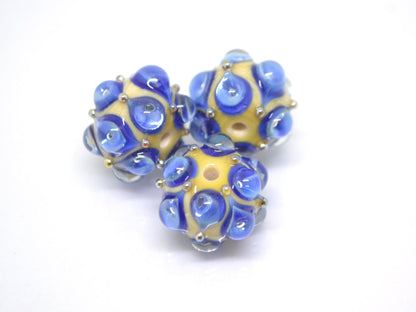 Blue beige handmade glass bead, 15 mm glass beads, Deep blue lampwork, Artisan lampwork, Beads for necklaces, Jewelry beads