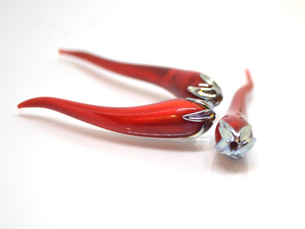Red chili peppers, Lampwork chili beads, Red silver beads, Half-drilled beads, Vegetable beads, Farm beads