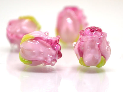 Bright Pink rosebud beads, Ombre glass beads, Gradient floral lampwork, Pink glass beads, Handmade glass beads, Lampwork one bead