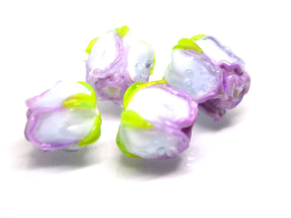 Lavender white rosebud beads, Purple flower lampwork, Glass rose beads, Spring lampwork, Artisan lampwork, Floral Jewelry, Lampwork pair