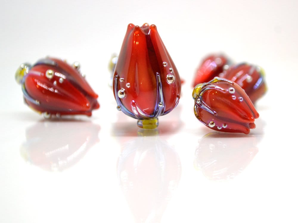 Deep red lampwork flower beads, Dark red glass floral beads, Large flower beads, Floral glass pendant, Focal lampwork