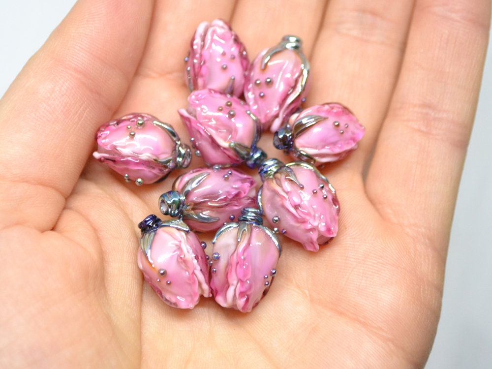 Amazing pink lampwork flower beads, Pink white glass floral beads, Focal lampwork beads