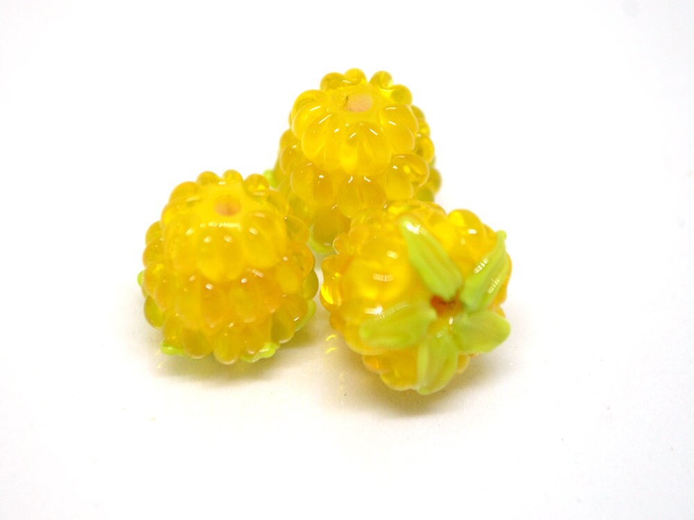 Yellow glass raspberry, Gloss Lampwork berries, Yellow Lampwork berry beads, Yellow Berry fruit beads, Glass Raspberry, Berry jewelry
