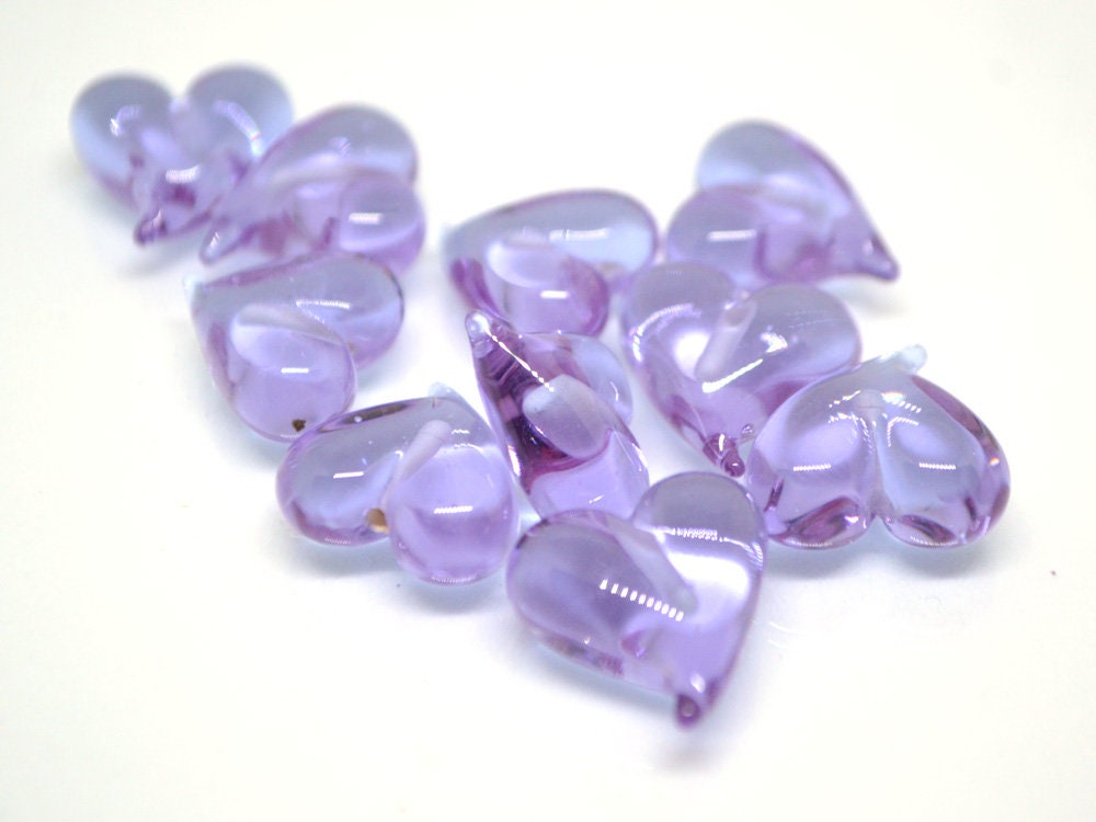 Lavender purple heart beads, Lampwork heart, Purple beads, Violet heart beads, Glass heart shape, Murano bead, Half-drilled beads