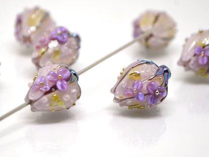 Pale purple flower bouquet lampwork beads, Light purple green mint lampwork beads, Artisan lampwork