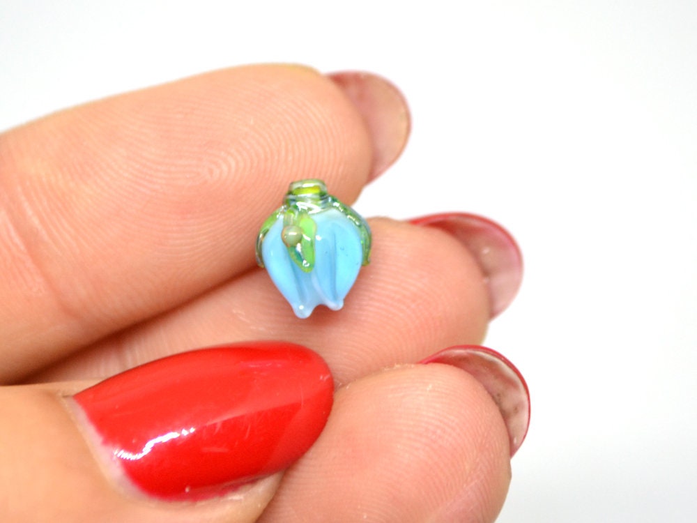 Aquamarine blue lampwork beads, Blue green flower beads, 9mm flower beads, Flower bud beads, Artisan lampwork