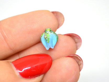 Aquamarine blue lampwork beads, Blue green flower beads, 9mm flower beads, Flower bud beads, Artisan lampwork