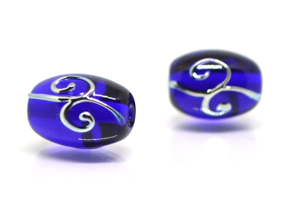 Cobalt blue rice glass beads silver curles, Barrel Oval lampwork beads for you, Artisan lampwork, Jewelry supplies earrings making spacer
