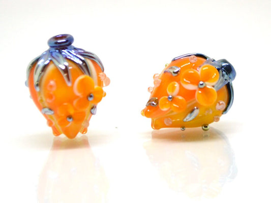 Light Orange flower bouquet lampwork beads, Honey yellow lampwork beads, SRA beads, Floral lampwork