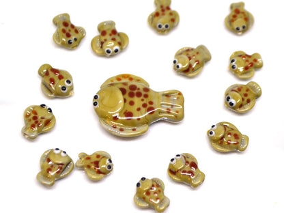 Lampwork fish beads, Green glass flounder, Lampwork flounder, Glass fish, River fish beads, avocado green