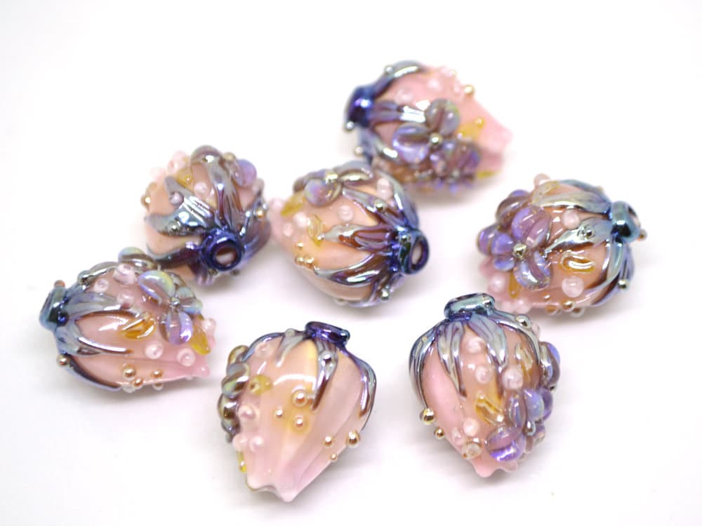 Pink lavender flower bouquet bud beads, Glass Flower beads, Floral lampwork, 3d Flower beads, Miniature glass flowers, Artisan lampwork bead