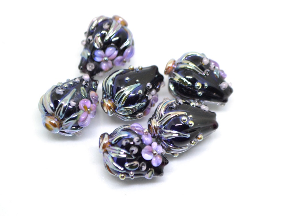 Purple black flower bouquet lampwork beads, Lampwork earrings DIY, SRA lampwork, Artisan lampwork, Designer beads, 17-21mm glass beads