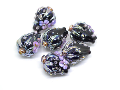 Purple black flower bouquet lampwork beads, Lampwork earrings DIY, SRA lampwork, Artisan lampwork, Designer beads, 17-21mm glass beads