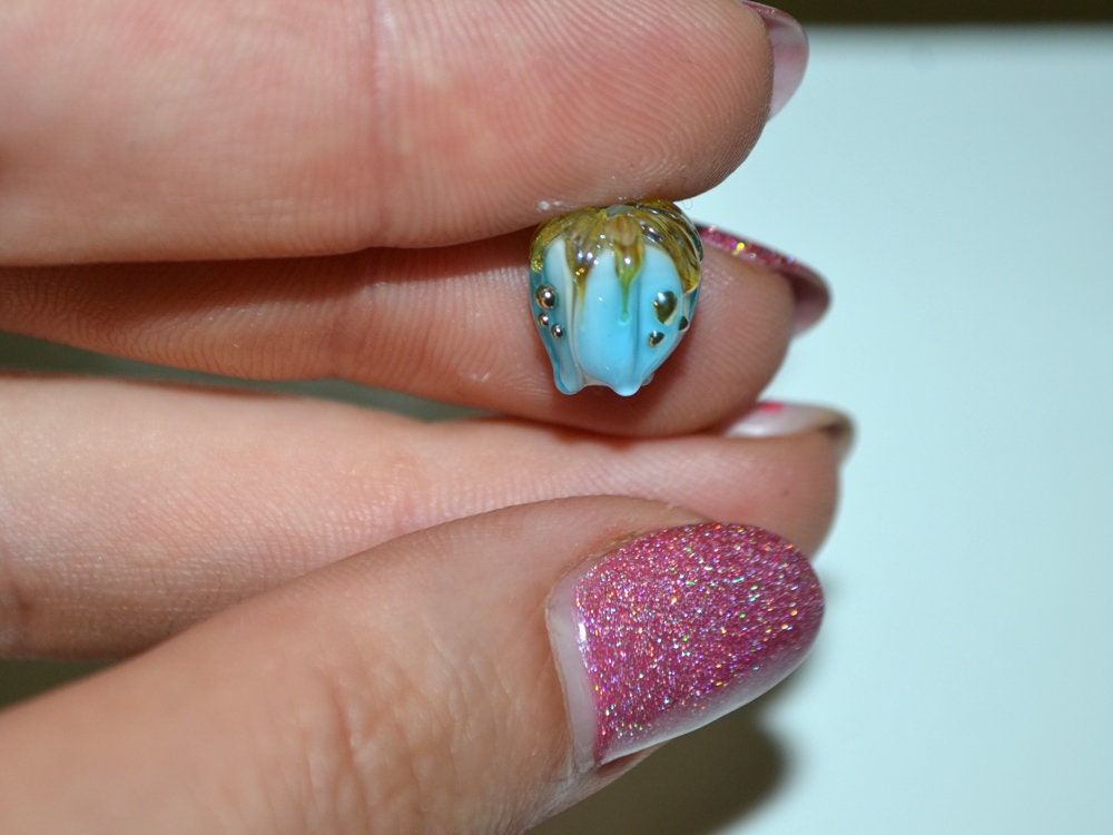 Lampwork glass flower beads 10mm, Light aquamarine flower buds with green gold leaves, Handmade lampwork, blue glass beads, Something blue