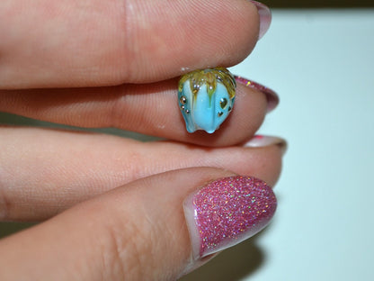 Lampwork glass flower beads 10mm, Light aquamarine flower buds with green gold leaves, Handmade lampwork, blue glass beads, Something blue