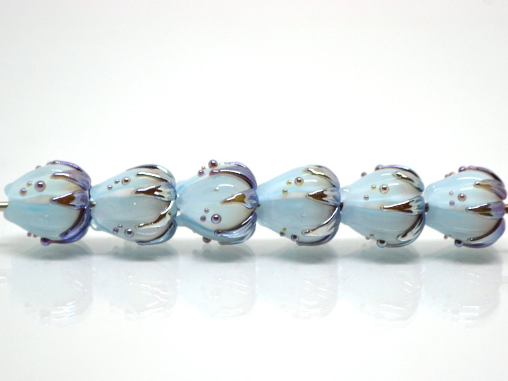 Pastel blue flower glass beads silver, 10mm glass beads, Pale blue lampwork flower bead, Floral lampwork, Handmade glass bead Something blue