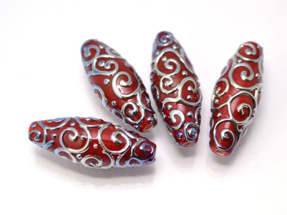 red silver lampwork beads artisan lampwork lampwork beads set rhombus oval textured mirror beads jewelry making bright deep red silver glass