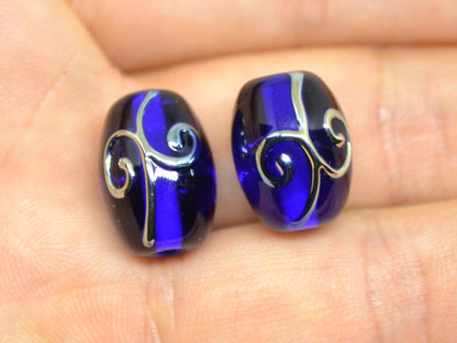 Cobalt blue rice glass beads silver curles, Barrel Oval lampwork beads for you, Artisan lampwork, Jewelry supplies earrings making spacer