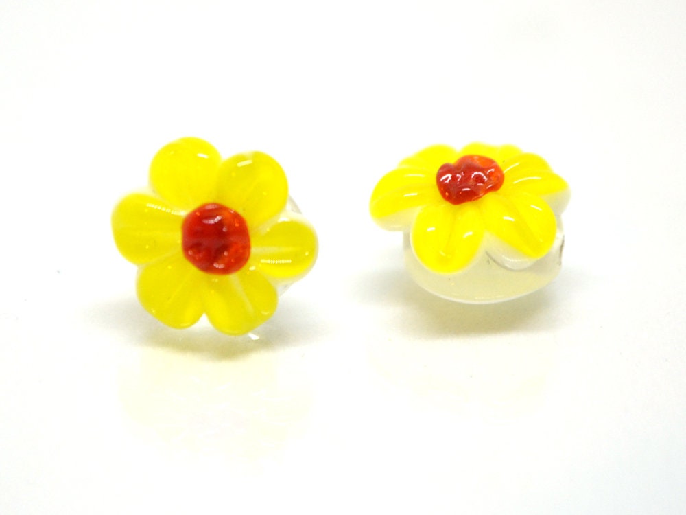Yellow Chamomile beads, Lampwork Chamomile flower bead, Yellow and red beads, Lentils beads, Yellow floral lampwork