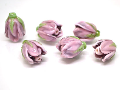 Lampwork Magnolia, Glass flower beads, Lilac glass floral beads, Artisan lampwork, Pastel pink bead, Focal glass beads, Handmade lampwork