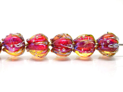 Fuchsia red gold flower beads, 10mm flower beads, Flower glass beads, Artisan Lampwork, Bright glass beads, Handmade glass art, Floral beads
