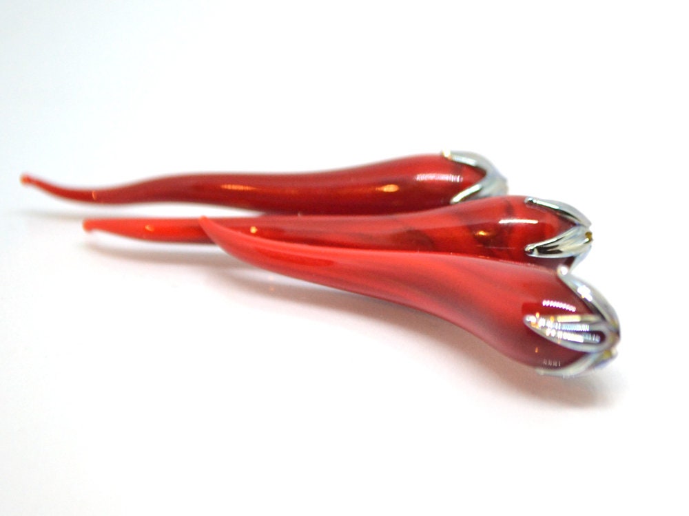 Red chili peppers, Lampwork chili beads, Red silver beads, Half-drilled beads, Vegetable beads, Farm beads
