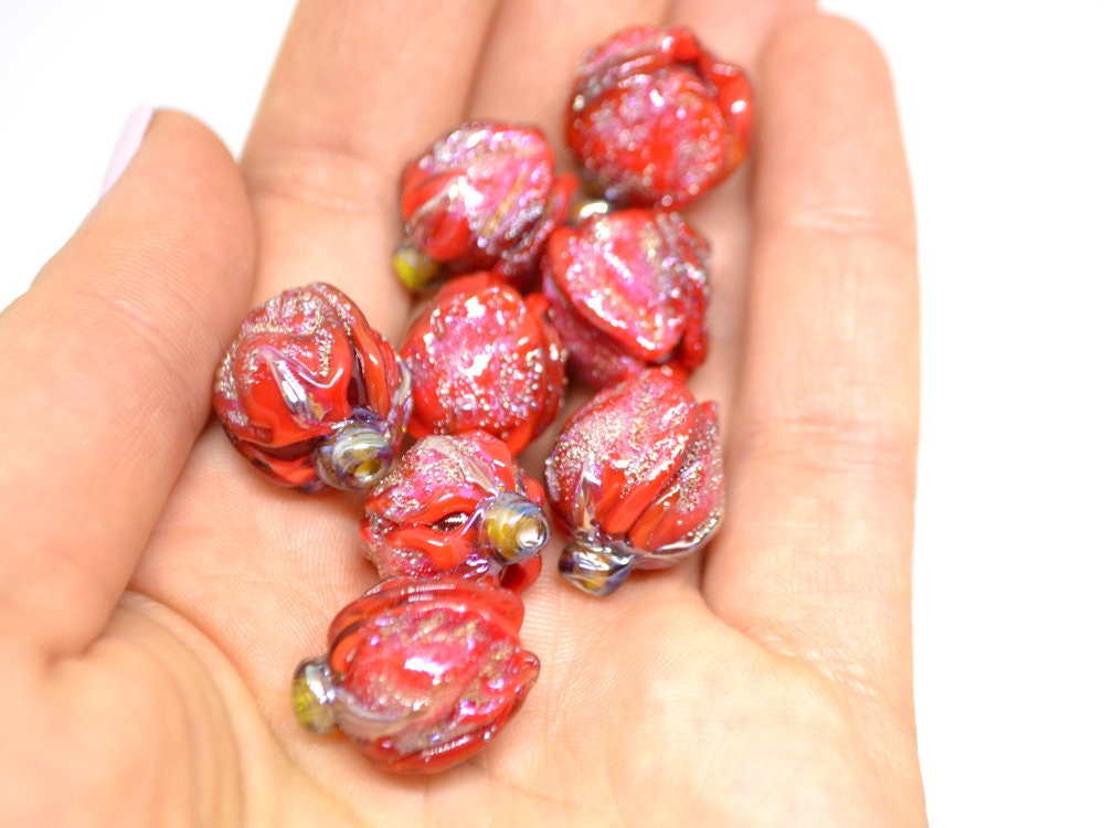 Scarlet red rose bud beads, Glitter Lampwork Bead, Stardust Flower lampwork beads, Sparkling beads, Glitter beads