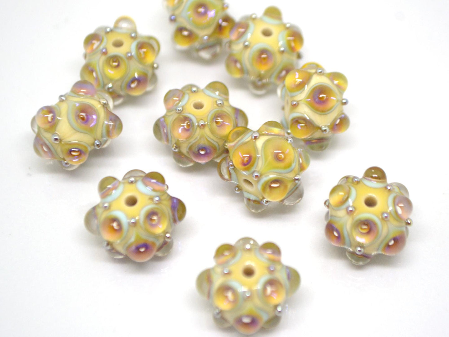 Beige purplish Lampwork bead, Ivory glass beads, Pastel lampwork beads, Focal beads, Artisan lampwork, Handmade bead, Rondelle beads