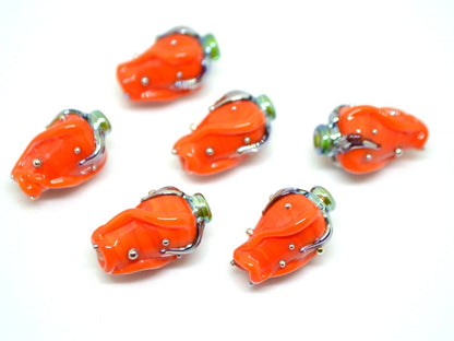 Orange silver twisted rosebud  beads, Flower lampwork bead, SRA beads, Bright colors
