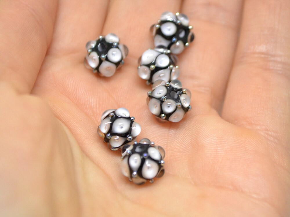 Black white lampwork bead, 10mm glass beads, Handmade lampwork, Artisan lampwork, Beads for earrings, Rondelle beads, Made for order