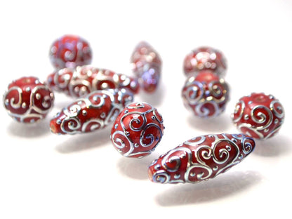 red silver lampwork beads artisan lampwork lampwork beads set rhombus oval textured mirror beads jewelry making bright deep red silver glass
