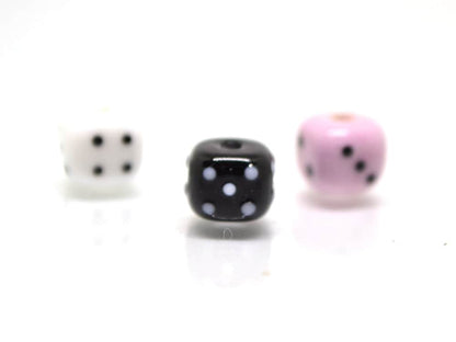 Glass dice beads, Handmade lampwork beads, 8mm glass cube beads, Funky dice glass beads, white glass dice, black dice, pink dice,opaque dice