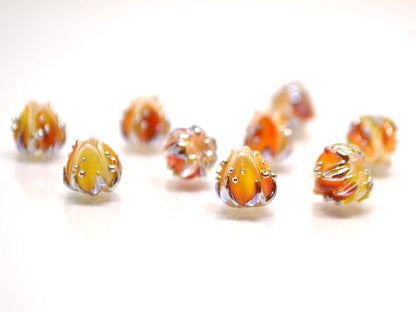 Tiny orange flower beads with gold leaves, Small glass beads, 7mm flower beads, beads for jewelry, Artisan lampwork