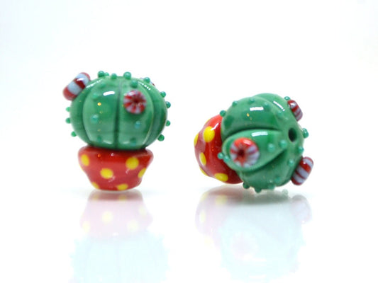 Lampwork red green cactus flower beads in red pot, Wilderness plants, Desert flower, Cactus flower pendant, Succulent beads,Artisan lampwork