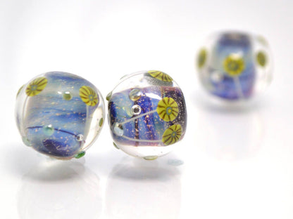 Nautical Lampwork bead handmade blue green yellow dust millefiori focal artisan lampwork aquarium set of beads for Jewelry making pendant
