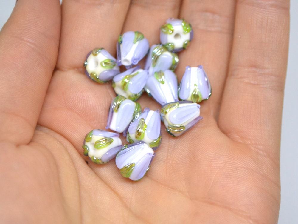Pale Lavender green flower beads, 10mm beads, Light purple floral beads, Artisan lampwork, Handmade Lampwork, Floral lampwork, Pastel beads