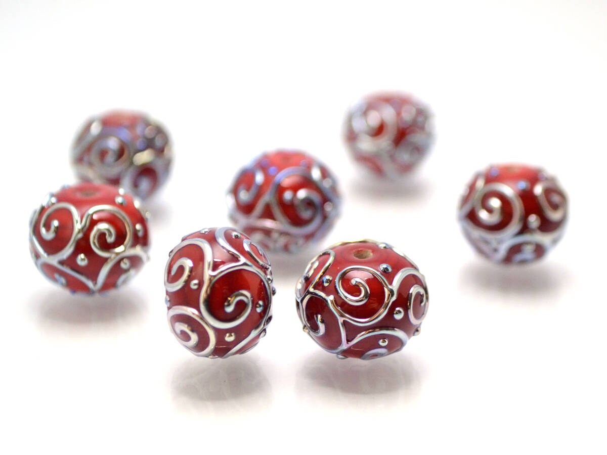 black red lampwork handmade bead artisan lampwork bead set jewelry making round bead silver curl dots red and black glass lampwork beads