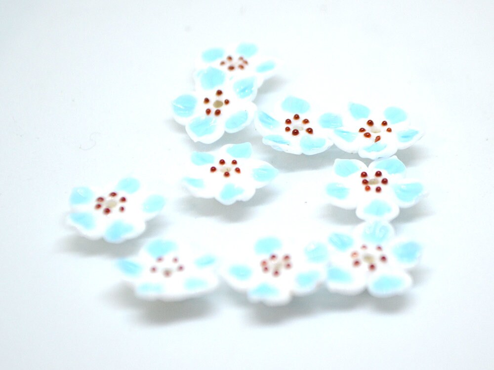 White blue glass flower beads, Blue floral lampwork, Glass blossom beads, Artisan lampwork bead, Jewelry beads, 3d Embroidery beads