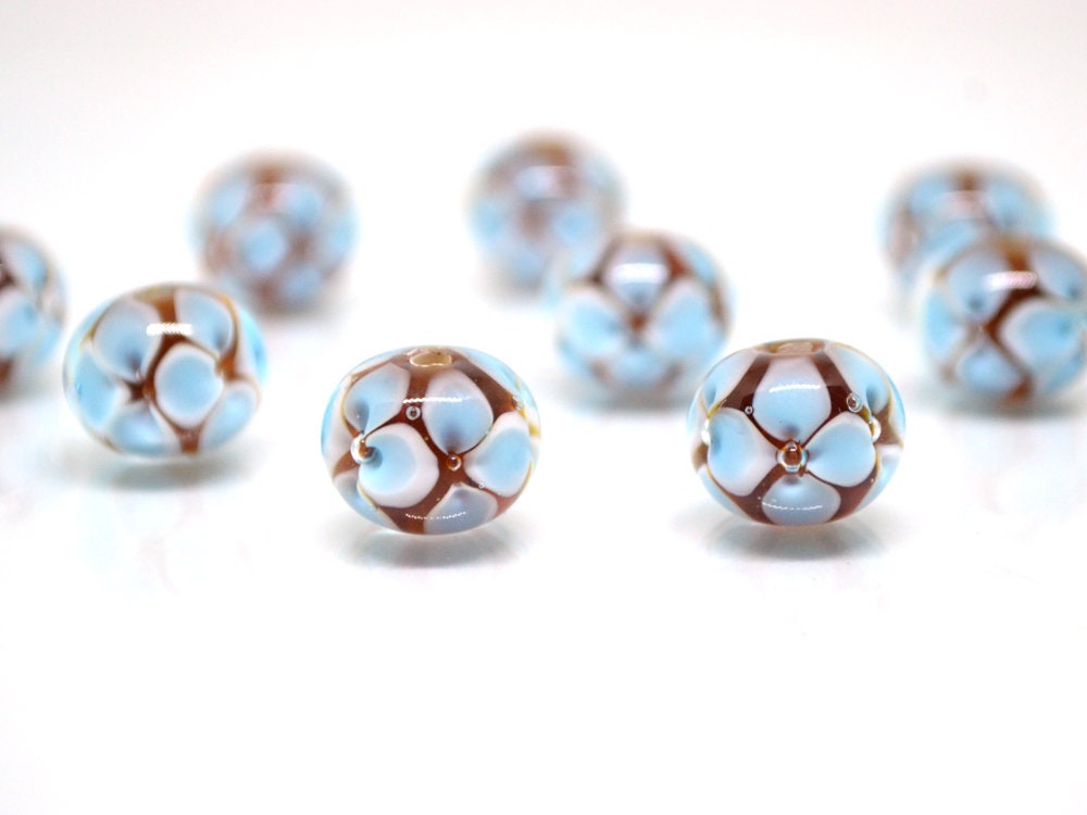 Blue 3d flowers on topaz beads, Rondelle beads, Blue flower Glass beads, Murano glass beads, Artisan lampwork