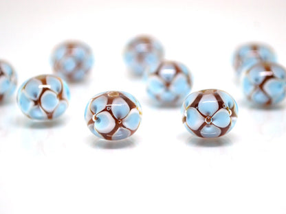 Blue 3d flowers on topaz beads, Rondelle beads, Blue flower Glass beads, Murano glass beads, Artisan lampwork