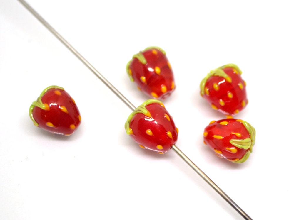 Red Strawberry lampwork beads, Glass berries, Lampwork strawberry, Berry fruit beads, Red green beads, Nature inspired, artisan lampwork