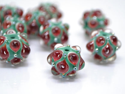 Red Green Lampwork bead, Red dots glass beads, Green lampwork beads, Rondelle beads with dots, Artisan lampwork, Handmade bead