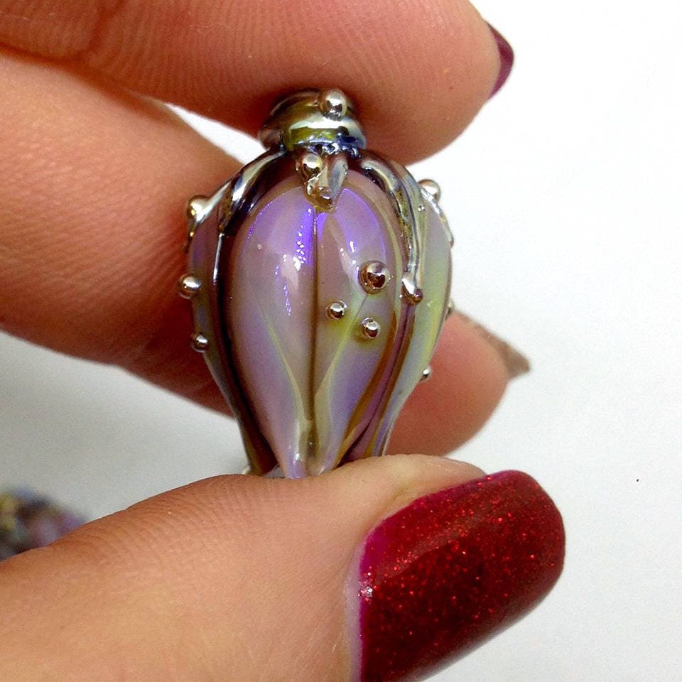 lavender glass flower handmade beads iridescent nothern light artisan lampwork flower beads for jewelry making glass beads purple glass bead