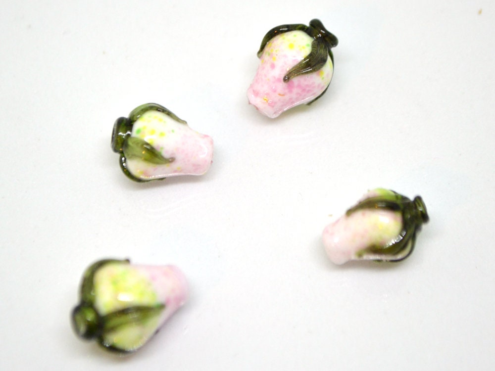 Pink white twist rosebud beads, Spring flower Glass Beads, Floral lampwork bead, Pink green flower buds, Artisan lampwork beads, OliVerStar