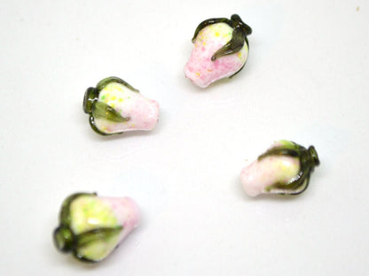 Pink white twist rosebud beads, Spring flower Glass Beads, Floral lampwork bead, Pink green flower buds, Artisan lampwork beads, OliVerStar