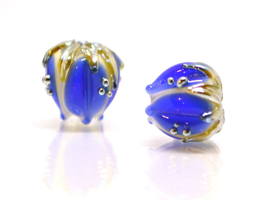 Dark blue bead with gold drops, 10mm Handmade Lampwork flower bead, Floral Lampwork, Cobalt blue beads, Jewelry supplies, Beads for crafts