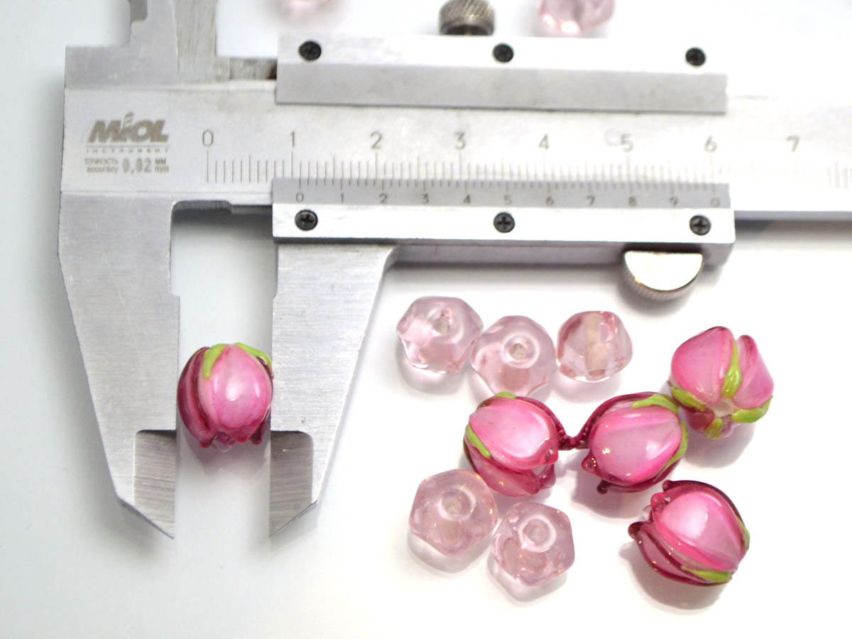 pink flower lampwork bead tender floral glass bud artisan handmade wedding jewelry making bracelet necklace pendant earrings bead set Leaf
