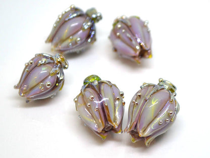 lavender glass flower handmade beads iridescent nothern light artisan lampwork flower beads for jewelry making glass beads purple glass bead